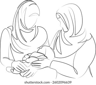 One continuous line art drawing flat illustration mother, woman, care, islam, childhood, newborn, family, adult, happiness, hijab. Isolated image hand draw outline on white background