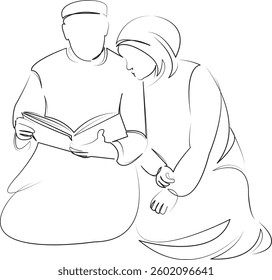 One continuous line art drawing flat illustration koran, islam, religion, person, book, woman, reading, muslim, man, culture. Isolated image hand draw outline on white background