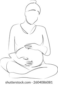One continuous line art drawing flat illustration yoga, woman, female, pregnant, sport, adult, lifestyle, meditating, mother. Isolated image hand draw outline on white background