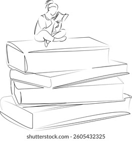 One continuous line art drawing flat illustration person, child, book, education, reading, sitting, learning, student, studying, childhood. Isolated image hand draw outline on white background