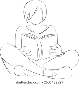 One continuous line art drawing flat illustration book, person, reading, female, woman, girl, lifestyle, education, student, sitting. Isolated image hand draw outline on white background