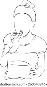 One continuous line art drawing flat illustration child, snack, chips, person, portrait, childhood, eating, happy, food, potato. Isolated image hand draw outline on white background