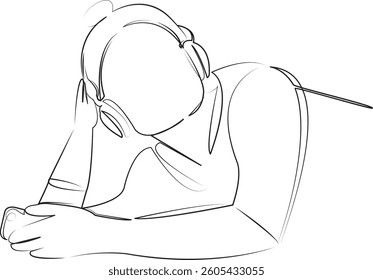 One continuous line art drawing flat illustration person, music, girl, earphones, woman, lifestyle, listen, female, headphone, portrait. Isolated image hand draw outline on white background