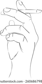 One continuous line art drawing flat illustration hand, cigarette, finger, person, addiction, smoke, nicotine, arm. Isolated image hand draw outline on white background