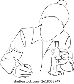 One continuous line art drawing flat illustration science, woman, chemistry, medicine, microscope, experiment. Isolated image hand draw outline on white background, not AI