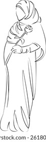 One continuous line art drawing flat illustration happy, beautiful, hijab, mother, pregnancy, flower, muslim. Isolated image hand draw outline on white background, not AI