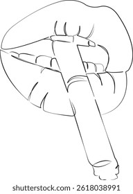 One continuous line art drawing flat illustration lip, cigarette, mouth, teeth, female, smoke. Isolated image hand draw outline on white background, not AI