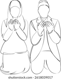 One continuous line art drawing flat illustration woman, muslim, man, couple, islam, praying. Isolated image hand draw outline on white background, not AI