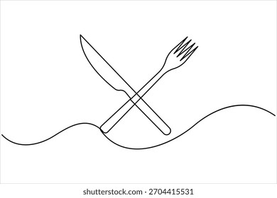 One continuous line art drawing of food tools. Fork and knife for decoration restaurant menu linear design vector illustration
