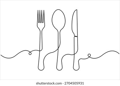 One continuous line art drawing of fork, spoon and knife design. Single line art of food tools for restaurant menu, poster or banner in linear minimalist design vector illustration
