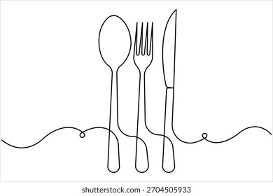 Um desenho de arte de linha contínua de desenho de garfo, colher e faca. Arte de linha única de ferramentas de comida para menu de restaurante, cartaz ou banner em ilustração vetorial de design minimalista linear
