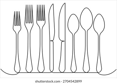 Um desenho de arte de linha contínua de desenho de garfo, colher e conjunto de facas. Arte de linha única de ferramentas de comida para menu de restaurante, cartaz ou banner em ilustração vetorial de design minimalista linear
