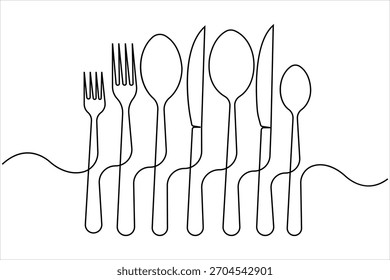 Un dibujo de arte de línea continua de diseño de tenedor, cuchara y juego de cuchillos. Arte de una sola línea de herramientas de alimentos para el menú del restaurante, cartel o Anuncio en Ilustración vectorial de diseño minimalista lineal
