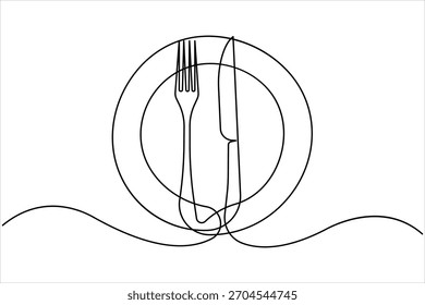 Un dibujo de arte de línea continua de diseño de tenedor, cuchillo y placa. Arte de una sola línea de herramientas de alimentos para el menú del restaurante, cartel o Anuncio en Ilustración vectorial de diseño minimalista lineal
