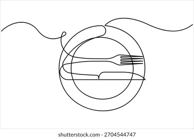One continuous line art drawing of fork, knife and plate design. Single line art of food tools for restaurant menu, poster or banner in linear minimalist design vector illustration
