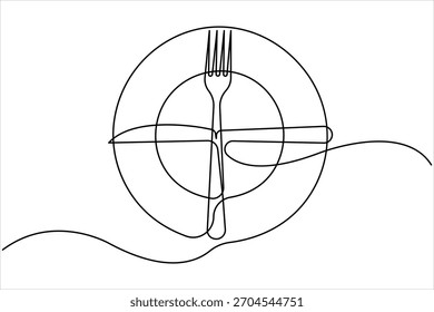 One continuous line art drawing of fork, knife and plate design. Single line art of food tools for restaurant menu, poster or banner in linear minimalist design vector illustration

