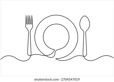 One continuous line art drawing of fork, spoon and plate design. Single line art of food tools for restaurant menu, poster or banner in linear minimalist design vector illustration
