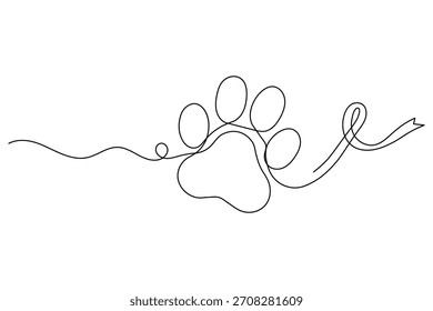One continuous line art drawing of a pet paw print and a flowing awareness ribbon