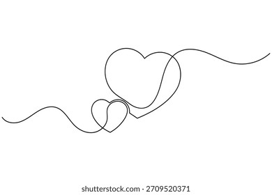 Un dibujo de arte lineal continuo de dos corazones amorosos, simbólico de pasión y unidad
