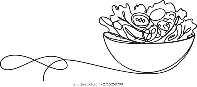 Eine durchgehende Linie Kunst Zeichnung gesunde Lebensmittel. Handgezeichnete Skizze von Gemüsesalatschüssel mit organischen Zutaten. Modernes minimalistisches Design für Restaurant-Branding oder gesundes Esskonzept. Einfache elegante fließende Strichart auf transparentem Hintergrund.