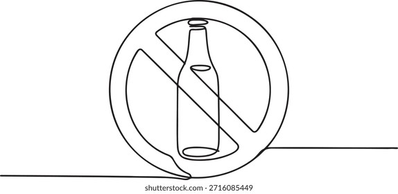 Um desenho artístico em linha contínua de um sinal de ausência de álcool. Garrafa dentro de círculo cruzado. Contorno preto sobre fundo transparente. Proibição, sobriedade e escolha de estilo de vida saudável.