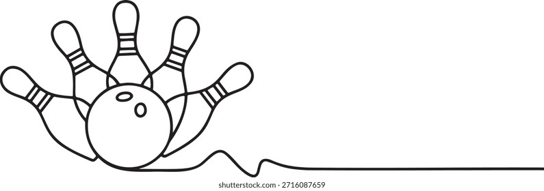 One continuous line art drawing of bowling pins and a ball striking them. Sport equipment for bowling game. Black outline on transparent background. Leisure activity, competition, and fun.