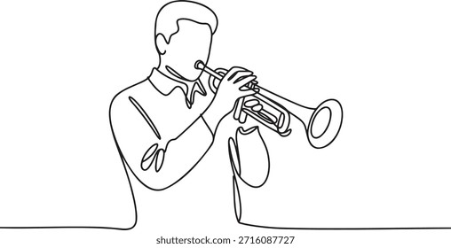 Un dibujo de línea continua de un hombre tocando una trompeta. Músico con instrumento musical. Contorno negro sobre fondo transparente. Jazz o intérprete orquestal. Persecución artística y creativa.