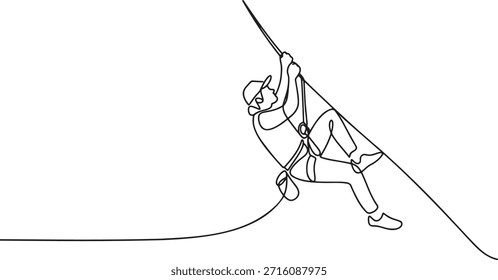 Un dibujo de arte lineal continuo de un escalador de roca. Hombre ascendiendo montaña empinada con cuerda y arnés. Contorno negro sobre fondo transparente. Deporte extremo, aventura y superación de desafíos.