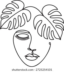 Um desenho artístico de linha contínua de um rosto de mulher com olhos fechados cercado por folhas de monstros tropicais. Retrato abstrato. Beleza botânica. Inspiração da natureza. Boho estilo chique. Design minimalista.