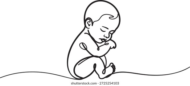 Um desenho artístico em linha contínua de um bebê recém-nascido em posição de sono. Pacífica e doce. Desenvolvimento infantil. Cuidado infantil. Conceito de maternidade. Ilustração de bebê bonito. Primeiros momentos.