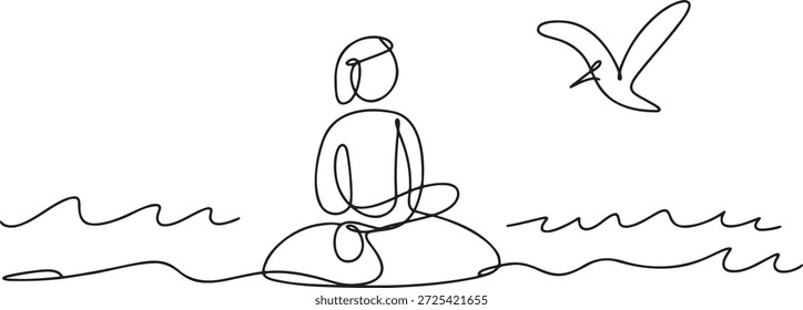 Um desenho artístico de uma pessoa sentada numa rocha no oceano com uma gaivota voando no céu. Desenho minimalista. Sereno e calmante. Contemplação à beira-mar. Meditação à beira-mar. Tranquilidade no oceano.