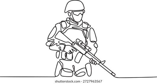 Un dibujo de línea continua de un soldado militar de pie en uniforme sosteniendo un rifle. Moderno boceto minimalista de una sola línea de un combatiente, guerrero o mercenario listo para la acción. Diseño adecuado para temas militares, defensa y conceptos de seguridad. Ilustración de estilo lineal simple sobre un fondo transparente.