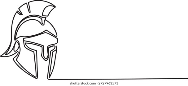 Um desenho em linha contínua de um capacete espartano ou grego antigo. Esboço de linha única minimalista moderno de um guarda-cabeça de guerreiro, armadura histórica ou proteção de batalha. Design adequado para história, guerra, civilização antiga e temas de coragem. Ilustração de estilo linear simples em um fundo transparente.