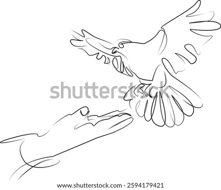 One continuous line art drawing flat illustration person, bird, one person, adults only, man, pigeon, adult, animal. Isolated image hand draw outline on white background