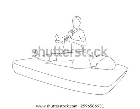 One continuous line art drawing of massaging on a table. Rehabilitation therapy, massaging on a table. Physiotherapy treatment vector illustration.  Hand made vector not Al