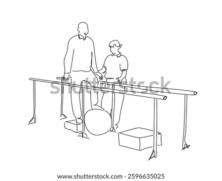  One continuous line art drawing of 
 physical therapist assisting man to walk with the support of bars at hospital gym vector illustration outline sketch hand drawn. Hand made vector not Al