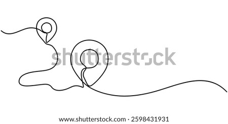 One continuous line art drawing of Location and path pointers vector illustration, continuous one line google map point route directions and location outline vector art illustration, Location Single.
