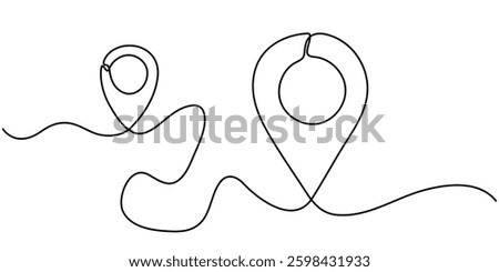 One continuous line art drawing of Location and path pointers vector illustration, continuous one line google map point route directions and location outline vector art illustration, Location Single.