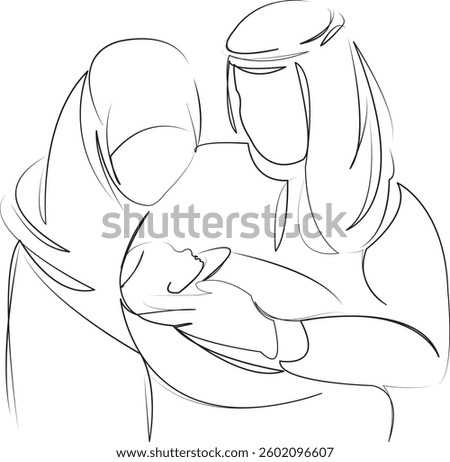 One continuous line art drawing flat illustration father, mother, husband, wife, child, family, man, islam, muslim. Isolated image hand draw outline on white background
