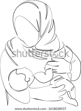 One continuous line art drawing flat illustration motherhood, care, woman, mother, child, newborn, muslim. Isolated image hand draw outline on white background, not AI