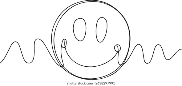 One continuous line art illustration of a smiling face isolated on white background in minimalist modern vector style

