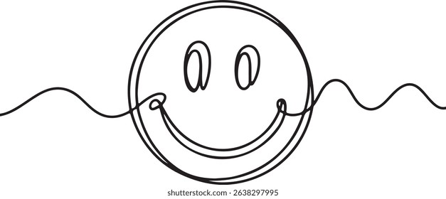 One continuous line art illustration of a smiling face isolated on white background in minimalist modern vector style

