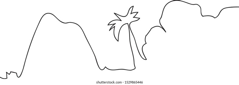 One continuous line art. Landscape with palm and forest. Vector illustration on white background.  - Shutterstock ID 1529865446