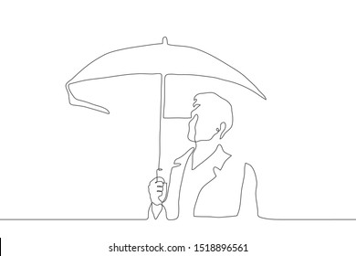 One continuous line art  A man holds an open umbrella above himself  he looks up from under him  Silhouette modern attractive man in coat  It can be used for animation  Vector