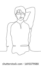Una línea de arte continuo de un hombre tendido con la mano debajo de la cabeza. Retrato de Flatlay ilustra a un joven en reposo (dozzing) con los ojos cerrados. Dormir, relajarse, descargar, ganar fuerza.