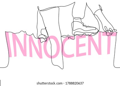 one continuous line art of a man climbing a fence with the word "INNOCENT". Vector illustration, the concept of losing innocence, growing up, trying to look childish and naive