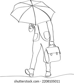 One continuous line art. A man holds an open umbrella above himself, he looks up from under him. Silhouette of a modern attractive man in a coat. It can be used for animation. Vector
