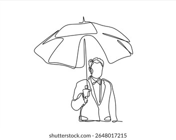 One continuous line art. A man holds an open umbrella above himself. Hand drawn one line vector. Editable stroke