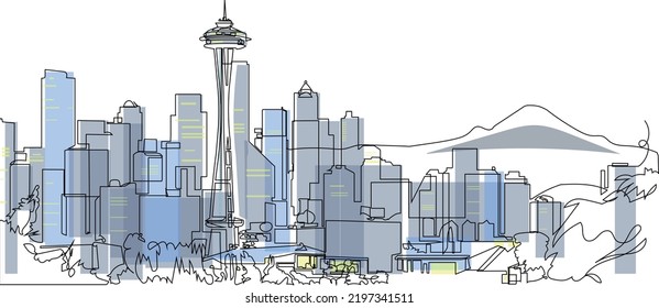 Una línea de arte continua vector mínimo Seattle cityscape vista ciudad