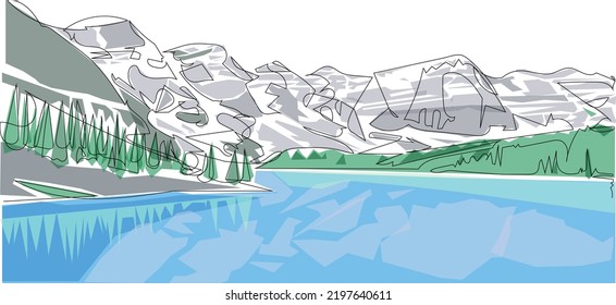 Eine kontinuierliche Kunst minimalistischer Vektorgrafik Kanada Banff Touristenattraktion Anblick mit See- und Berghütten Schöne Naturlandschaft wunderschöne wilde Wanderwege